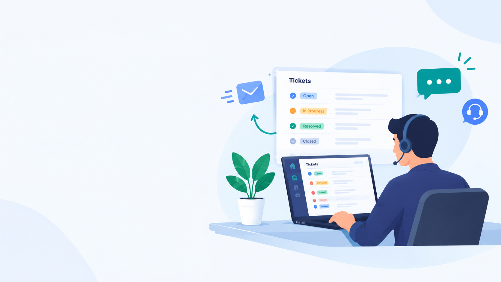Support agent managing customer tickets at a service desk